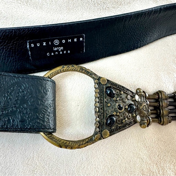 Suzi Roher Black Leather Belt with Bronze Ornate Buckle and Stretch Beads, Large - Picture 1 of 11